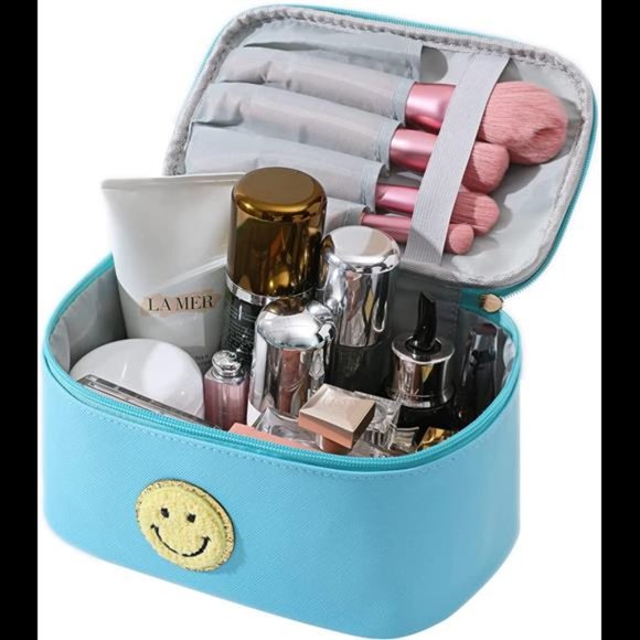 2 Pack Preppy Patch Makeup Bag Leather Cosmetic Bag Makeup Pouch, (Blue)